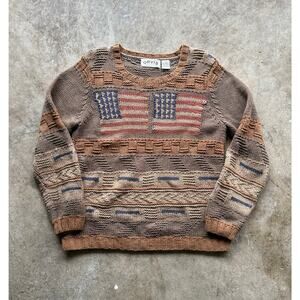 VTG Orvis American Flag Knit Cotton Sweater Size Womens Small Earth Tone